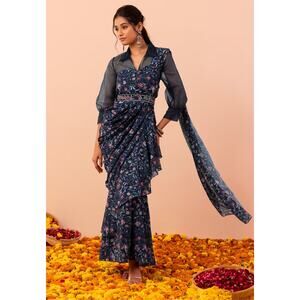 NWT Samant Chauhan Indya Blue Floral Saree Belt Gown Dress Size XS